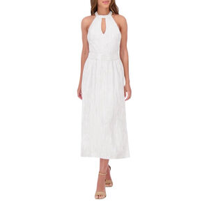 KENSIE Foil Pleated Keyhole Sleeveless Midi Dress Silver Shimmer Size 14